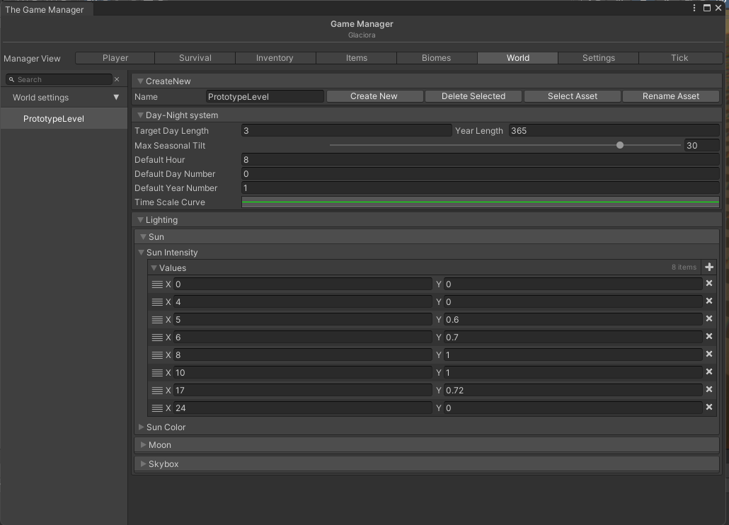 This image shows the day and night system inside of the game manager!