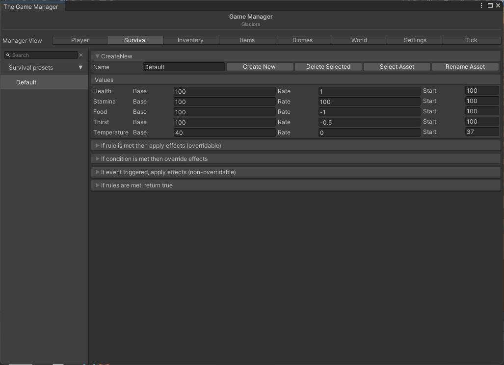 This image shows the Survival Engine inside of the Game Manager Window.